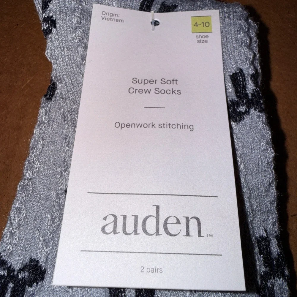 Auden Super Soft Crew Socks Women 4-10 New 2pk Grey Bows White Openwork